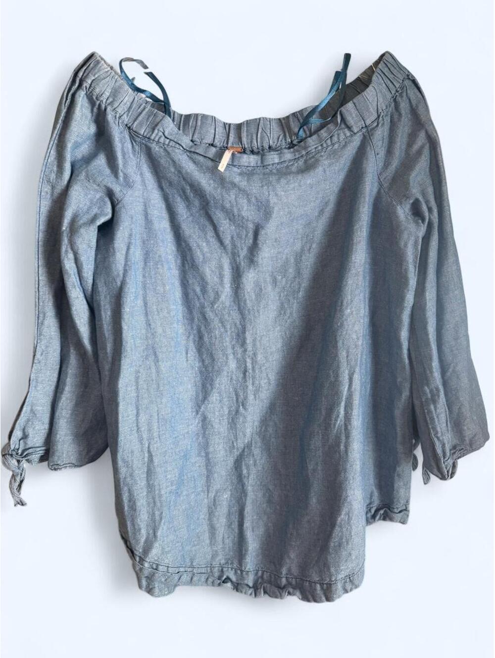 Free People Blue off the shoulder blouse with tie sleeves